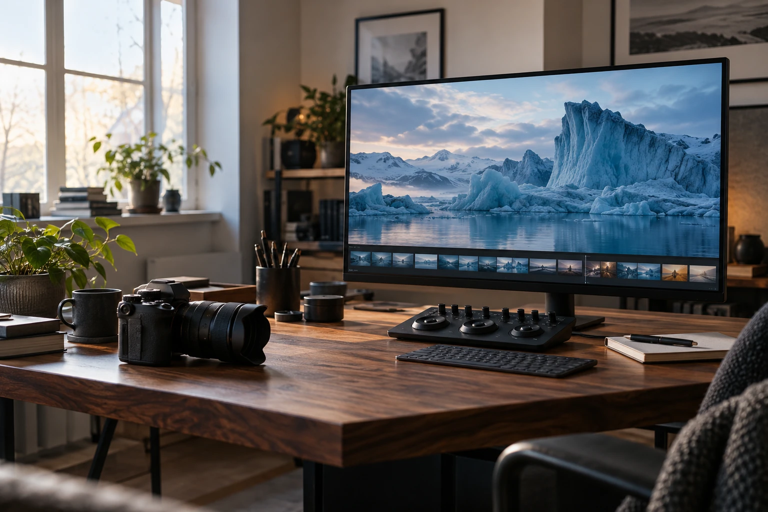 AI concept artwork of a video editing studio with glacier footage on a display.